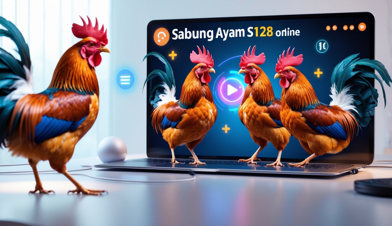 Tampilan layar digital yang menampilkan streaming langsung pertarungan ayam jago dengan visual yang jelas dan warna-warni, menunjukkan teknologi streaming tanpa gangguan.