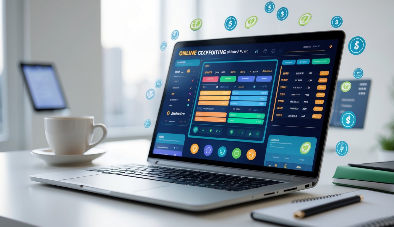 Seorang pengguna sedang melihat layar laptop dengan tampilan situs taruhan sabung ayam online di meja kerja yang rapi.