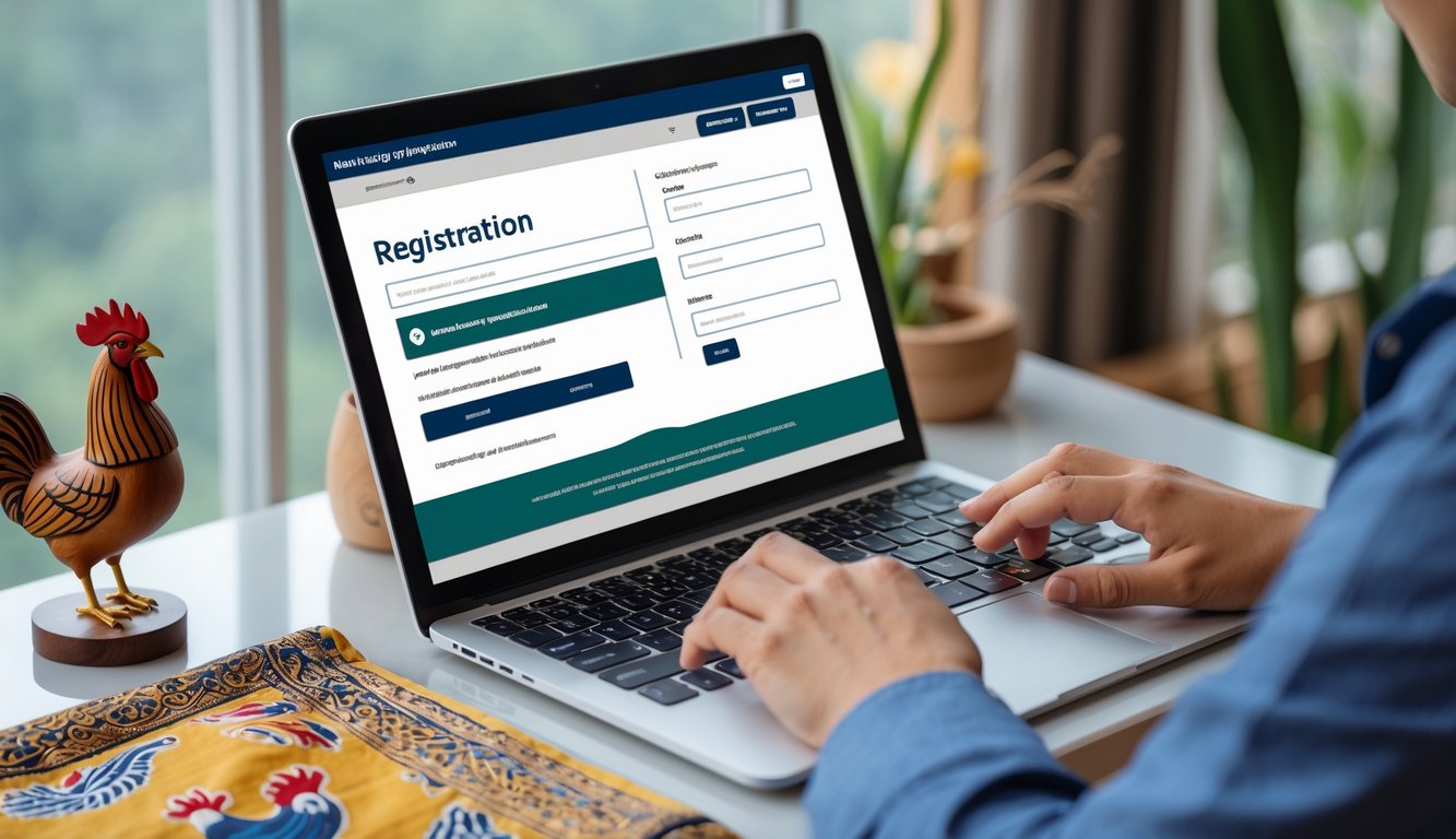Seseorang sedang mendaftar secara online di laptop dengan latar meja kerja yang rapi dan hiasan tradisional Indonesia.