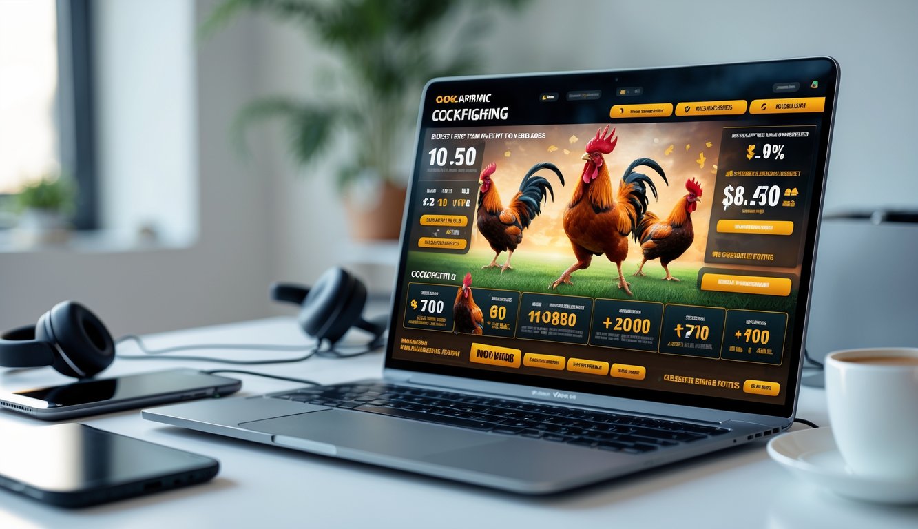 Seorang pengguna sedang mengakses platform taruhan sabung ayam secara online di laptop di ruang kerja yang rapi.
