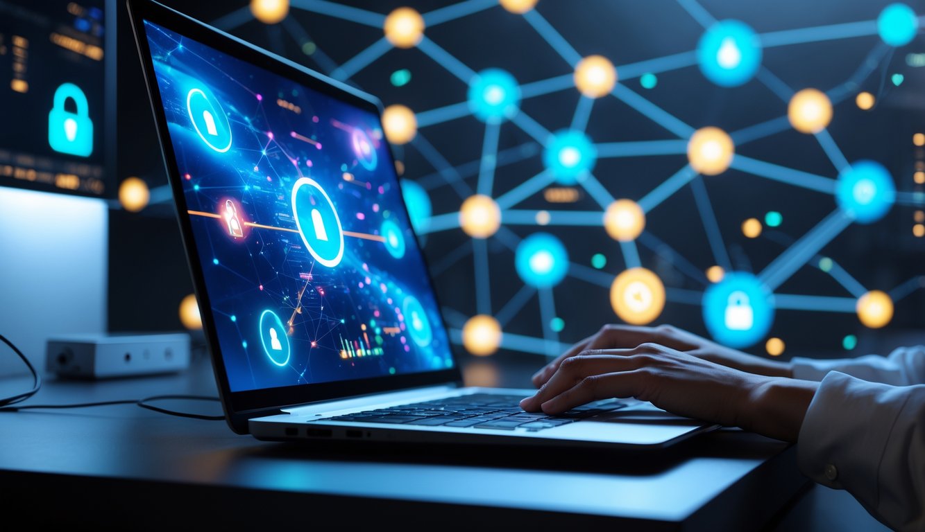 Sebuah laptop di meja kerja modern dengan latar belakang elemen digital yang melambangkan koneksi dan jaringan online.