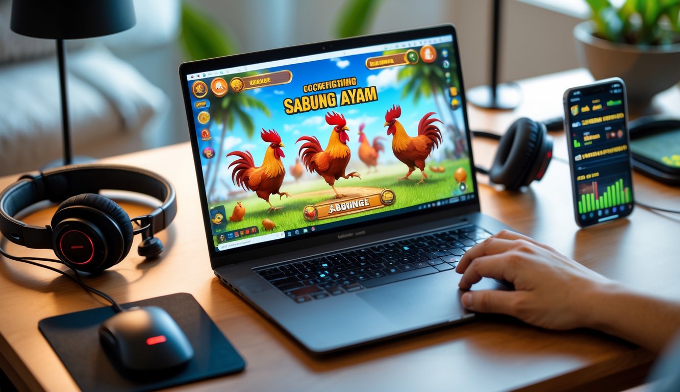 Seorang pengguna sedang bermain permainan sabung ayam online di laptop dengan aksesori gaming di meja kerja.