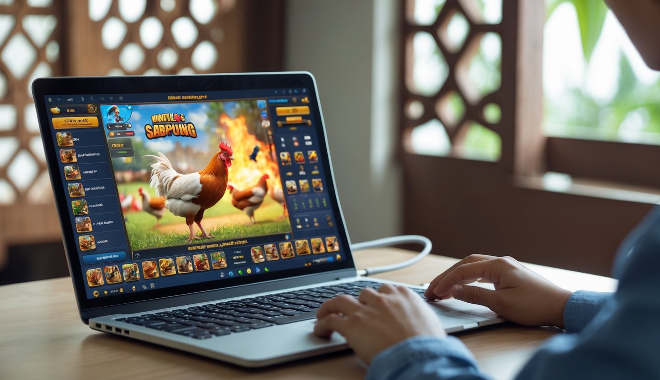Seorang pemain menggunakan laptop di meja kerja dengan tampilan permainan sabung ayam online di layar, dikelilingi elemen budaya Indonesia.