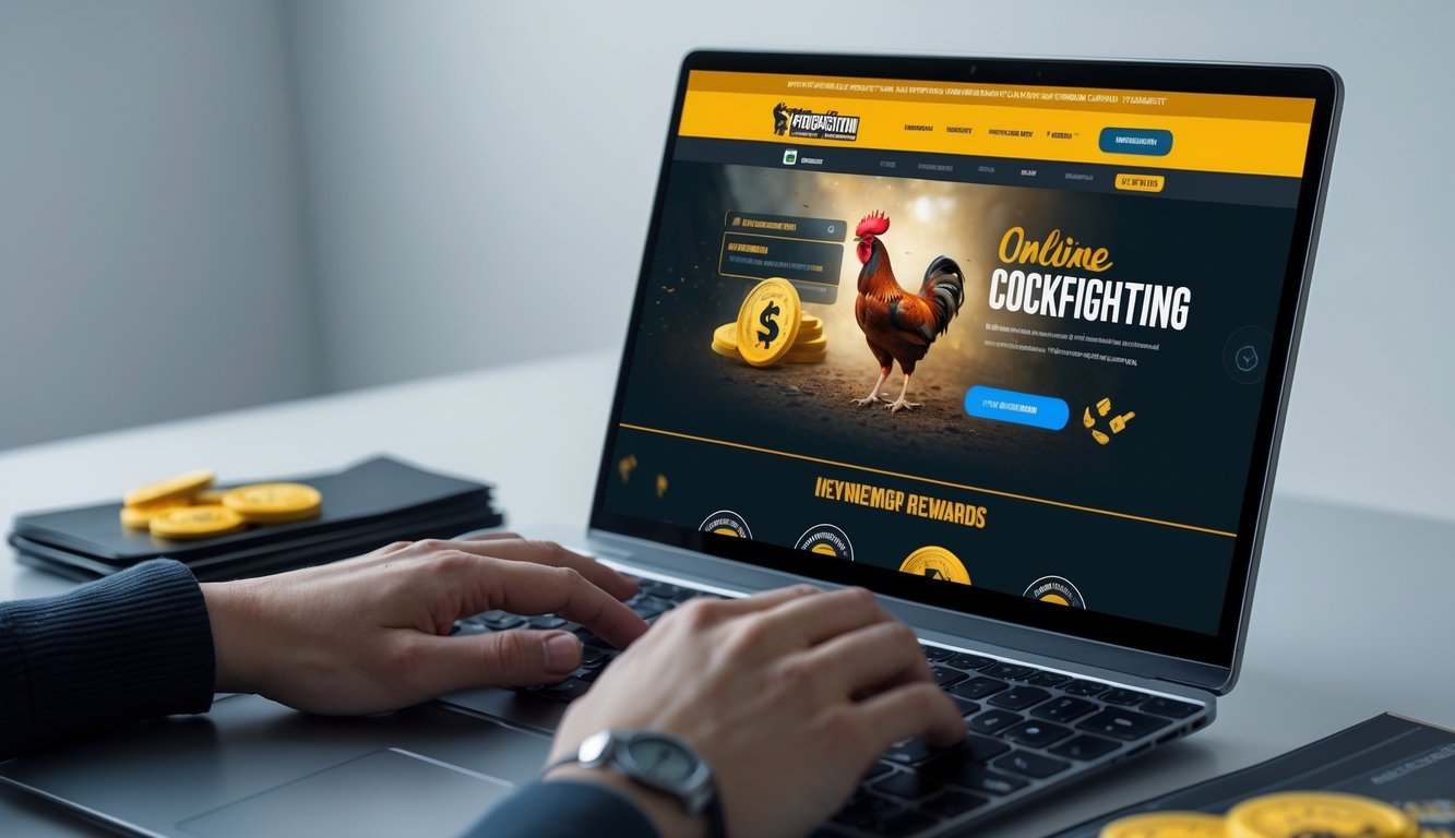Seseorang menggunakan komputer dengan layar menampilkan situs permainan sabung ayam online dan suasana yang menunjukkan aktivitas bermain dan bonus anggota baru.