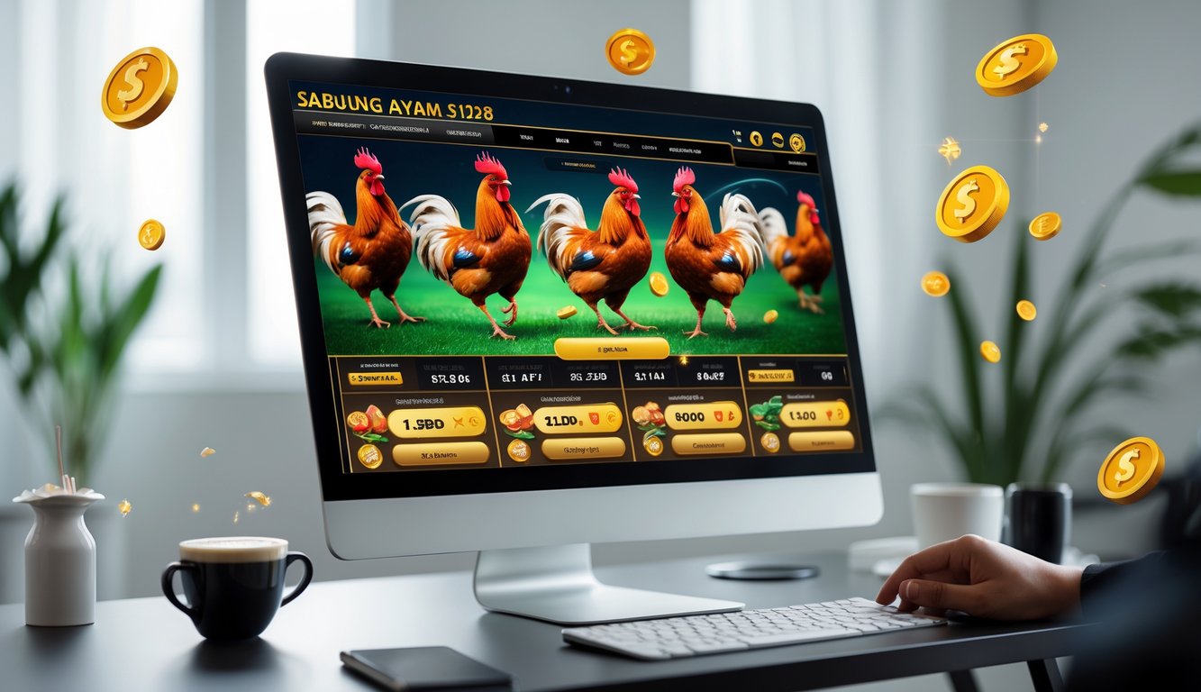 Sebuah komputer menampilkan layar situs sabung ayam online dengan gambar ayam jago sedang bertarung dan ikon bonus di sekitarnya dalam ruangan kantor rumah yang rapi.