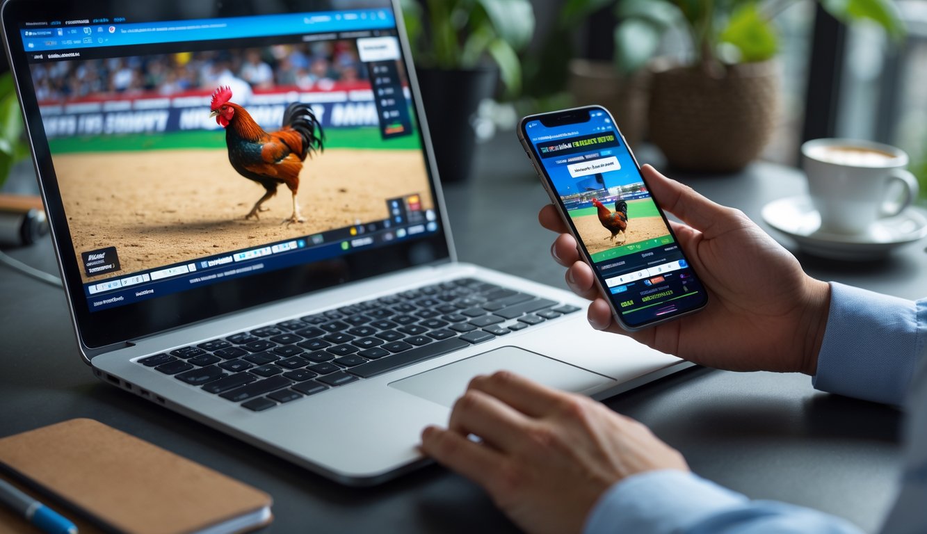 Seorang pria menggunakan laptop dan ponsel untuk memasang taruhan pada pertandingan sabung ayam yang sedang disiarkan langsung.