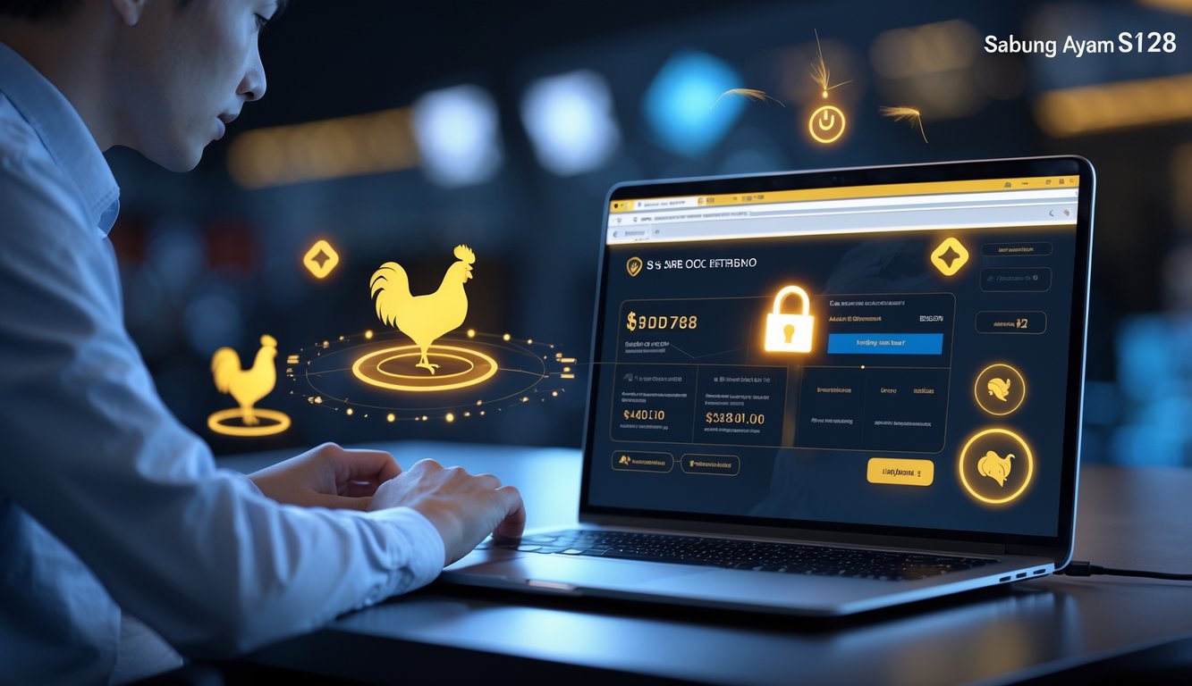 Seseorang menggunakan laptop dengan tampilan transaksi online yang aman dan cepat, dengan latar belakang simbol ayam jago yang samar.