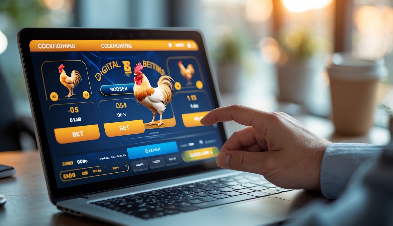 Seseorang menggunakan ponsel pintar dengan tampilan antarmuka taruhan ayam sabung digital di latar belakang ruangan yang nyaman.