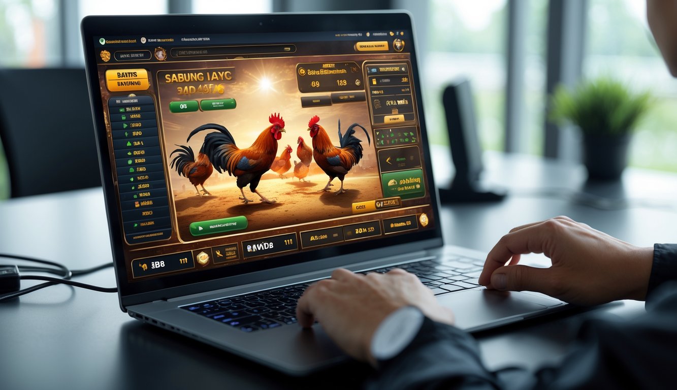 Seseorang menggunakan laptop dengan tampilan permainan sabung ayam online yang menampilkan ayam jago sedang bertarung.