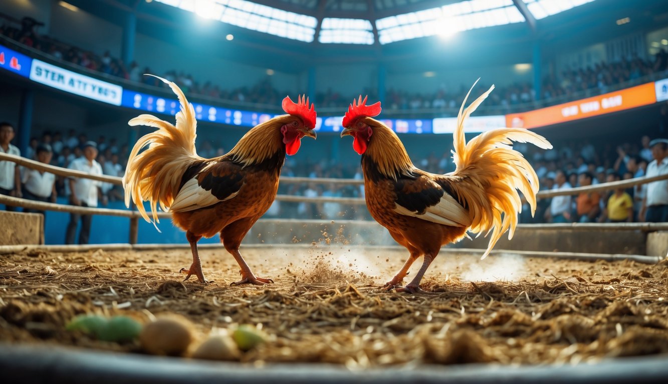 Dua ayam jago sedang bertarung di arena dengan penonton yang antusias mengelilingi mereka.
