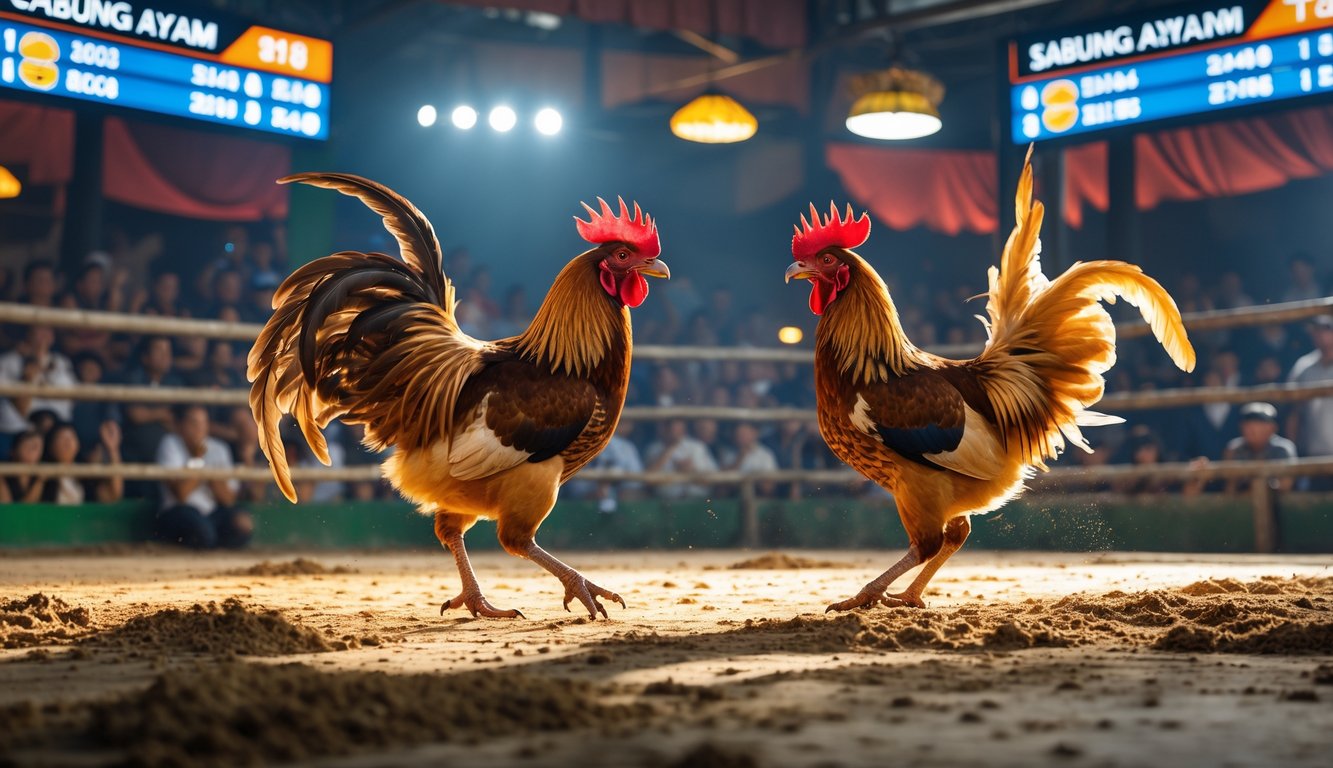 Dua ayam jago sedang bertarung di arena dengan penonton yang antusias di latar belakang dan papan skor digital terlihat jauh.