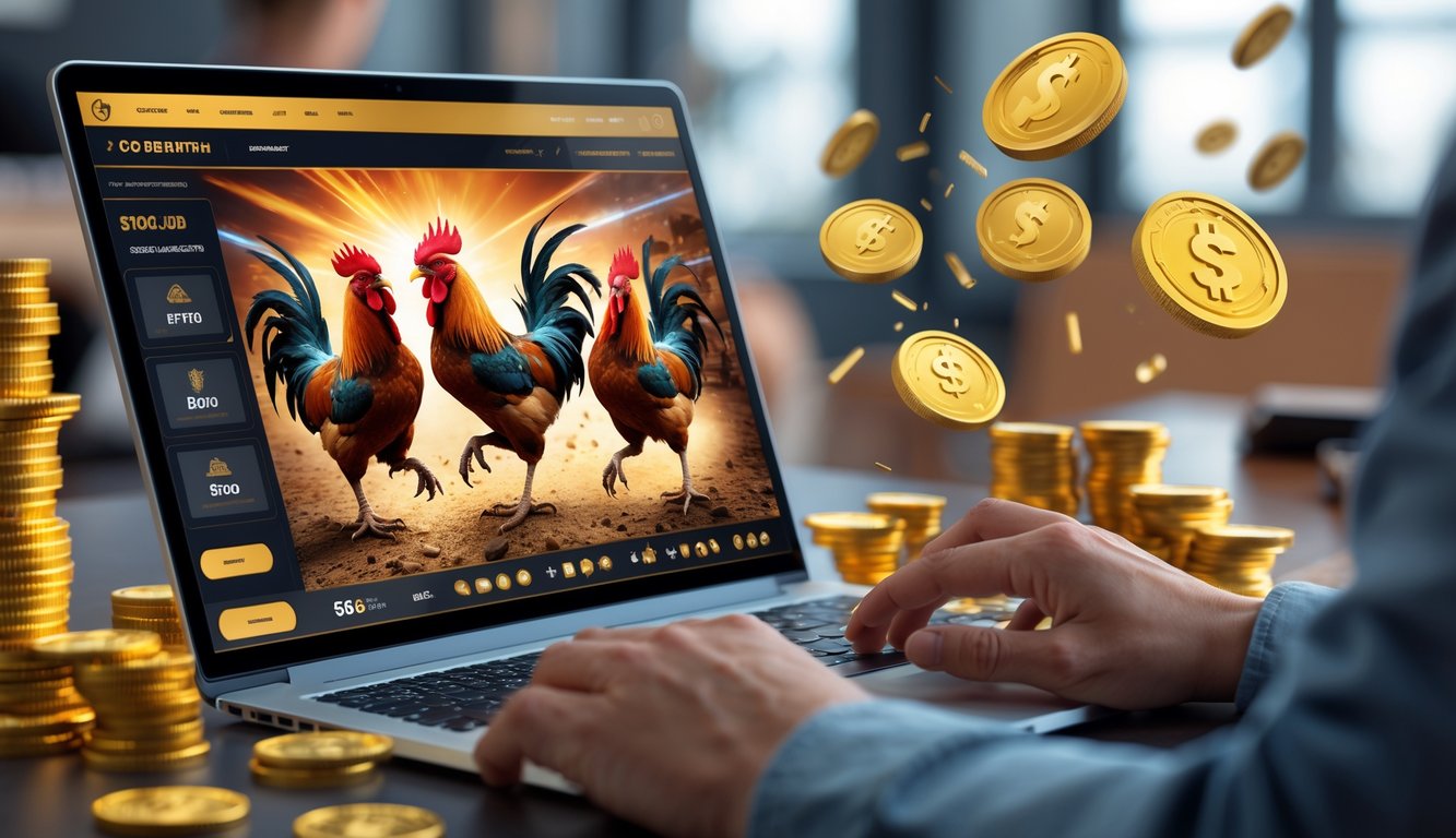 Seseorang menggunakan laptop dan ponsel untuk bermain permainan sabung ayam online dengan grafik ayam jago dan simbol uang di layar.