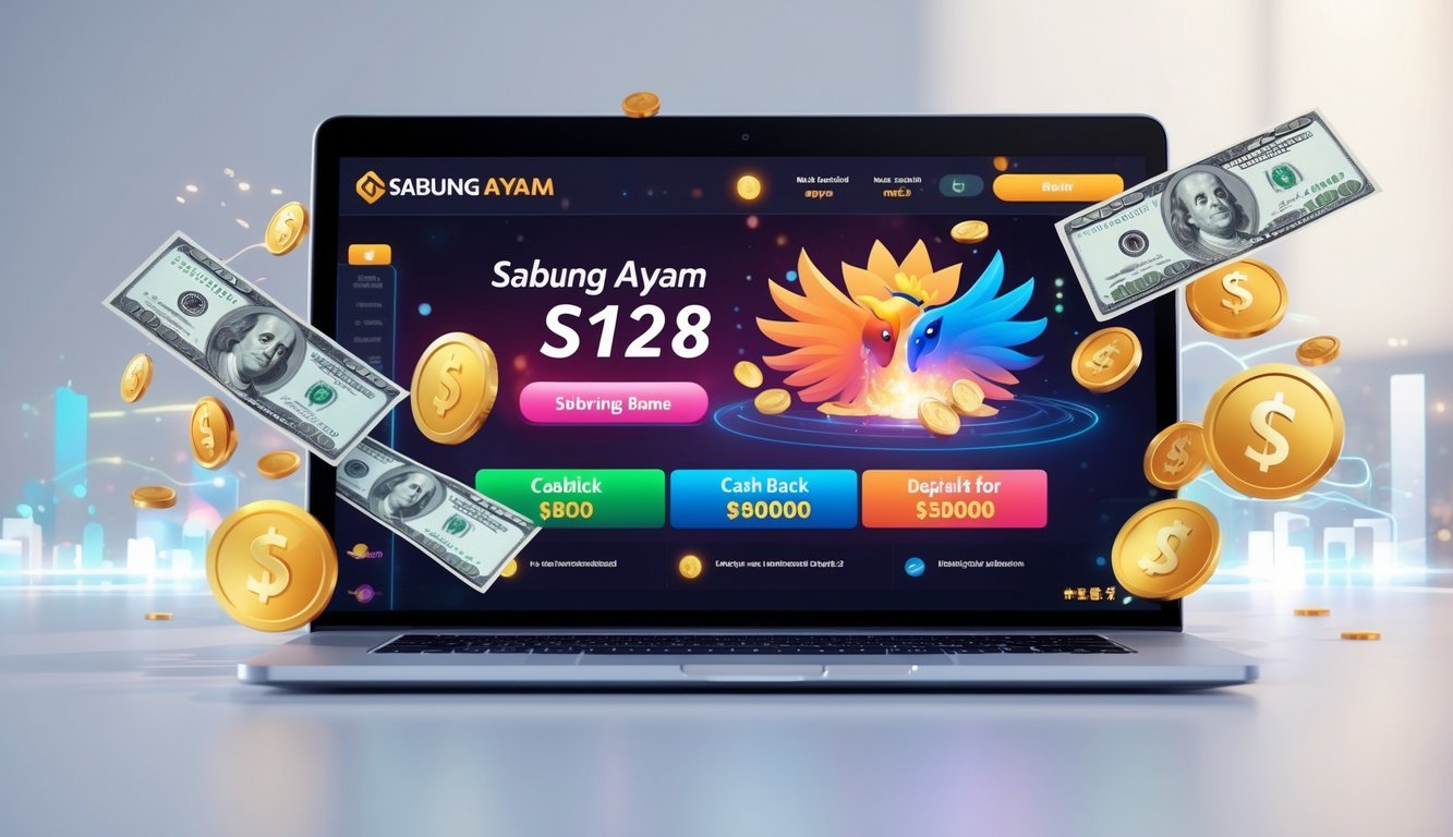 Seseorang menggunakan laptop dengan layar menampilkan grafik promosi cashback dan bonus deposit di platform Sabung Ayam S128 online, dengan koin emas dan simbol uang di sekitarnya.