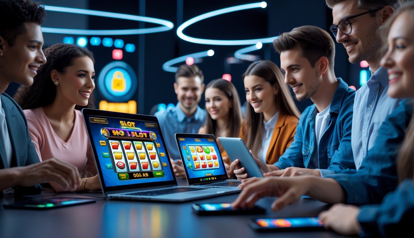 Sekelompok orang muda menggunakan perangkat digital untuk bermain permainan slot online dengan suasana yang profesional dan modern.