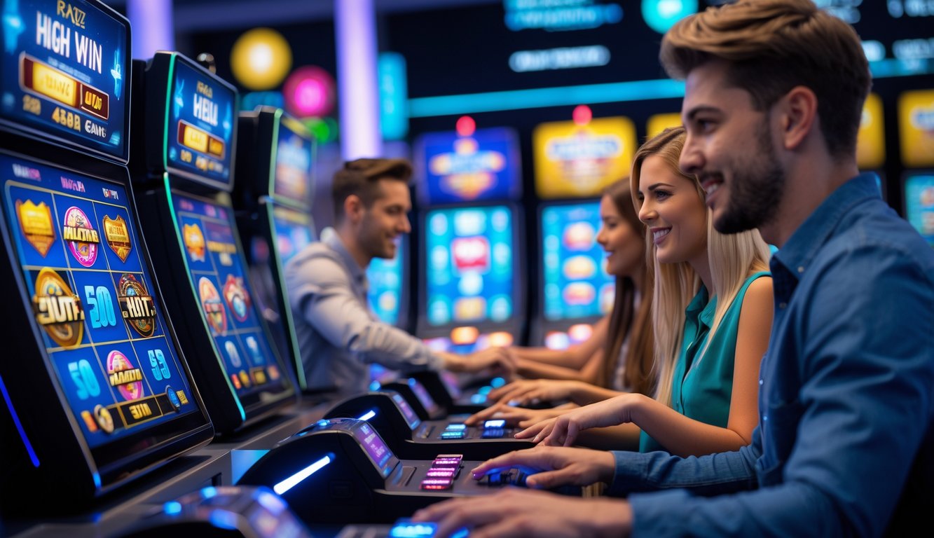 Sejumlah orang muda sedang bermain mesin slot online dengan layar komputer yang menampilkan grafik permainan dan indikator kemenangan.