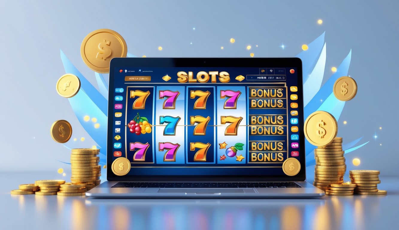 Seorang pengguna sedang bermain slot online di komputer dengan koin emas dan simbol jackpot di sekitar layar.