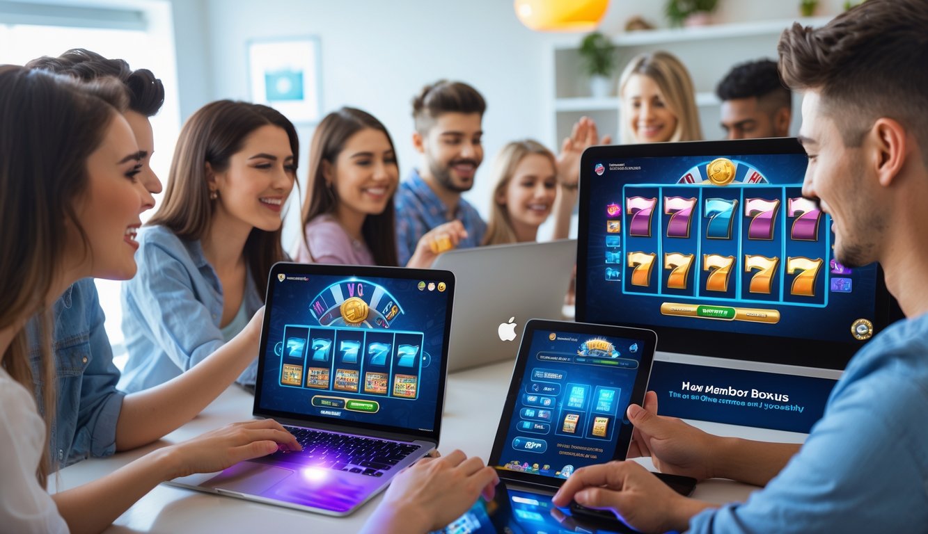 Beberapa orang muda bermain mesin slot online di perangkat digital dengan suasana cerah dan modern.