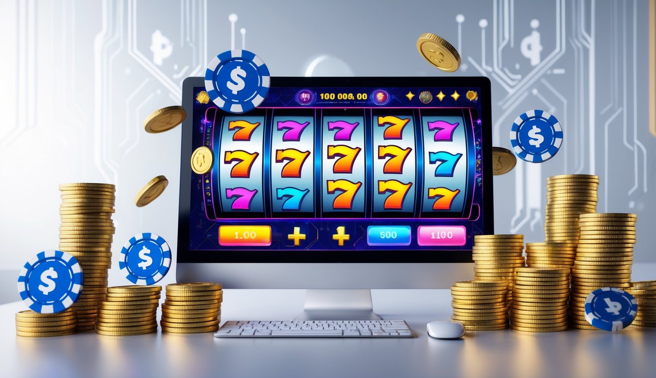 Suasana ruang kerja modern dengan komputer menampilkan permainan slot online dan tumpukan koin serta chip poker.