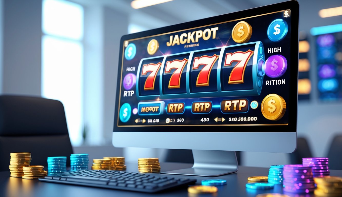 Seorang pria sedang menggunakan komputer dengan layar yang menampilkan permainan slot online dengan simbol jackpot dan elemen permainan di sekitarnya.