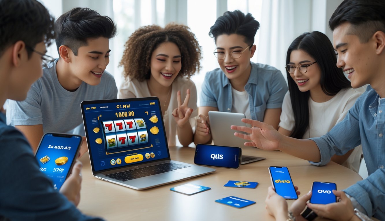 Sekelompok orang muda menggunakan laptop dan ponsel untuk bermain slot online dengan metode pembayaran digital di lingkungan rumah yang terang.