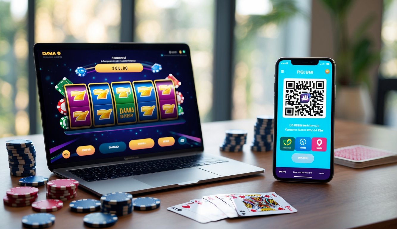 Seorang pengguna menggunakan laptop dan ponsel untuk melakukan deposit melalui aplikasi Dana dan OVO dengan kode QR di meja kerja.