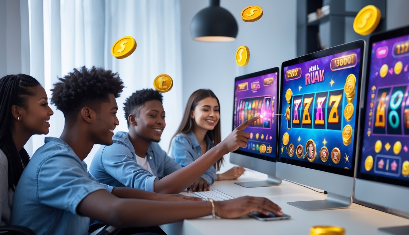 Sekelompok orang muda sedang duduk bersama menggunakan komputer dan ponsel untuk bermain permainan slot online di ruang yang terang dan rapi.