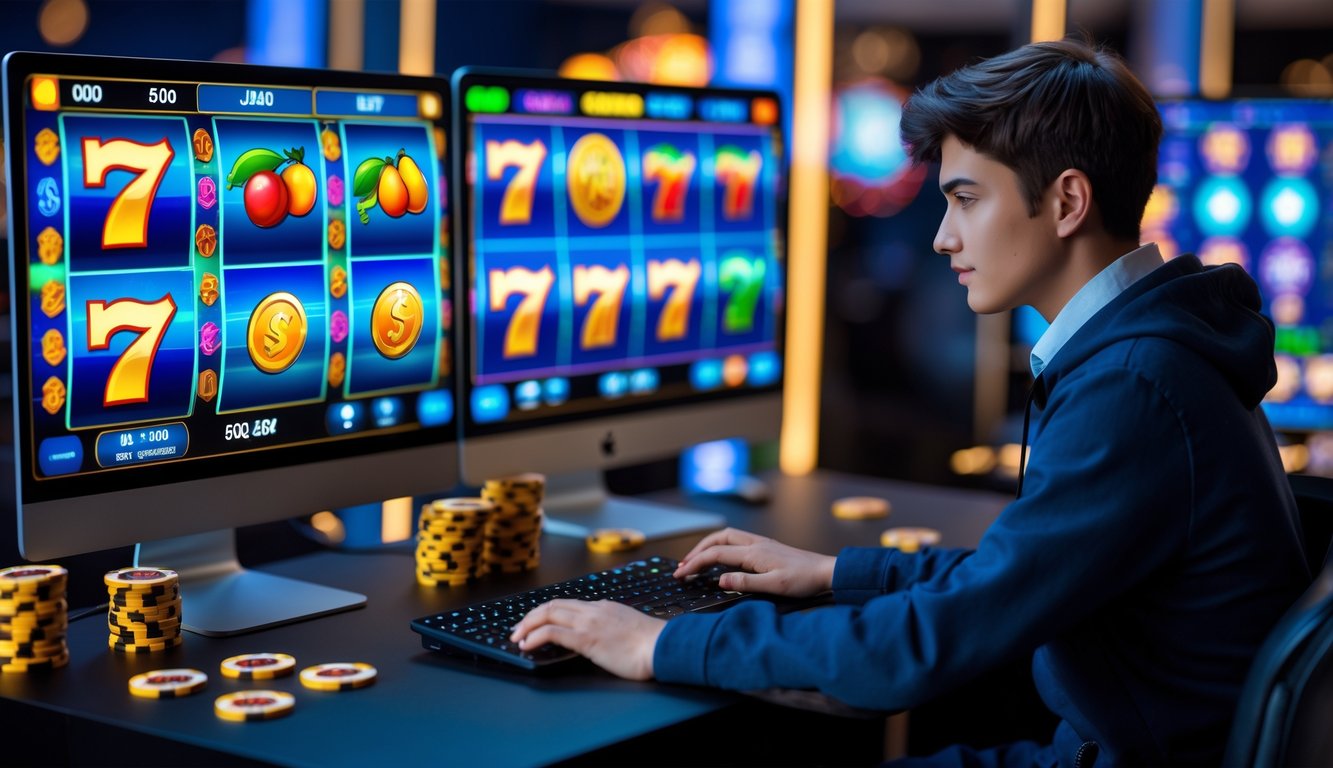 Seorang dewasa muda sedang menggunakan komputer dengan tampilan permainan slot online berwarna-warni di layar.