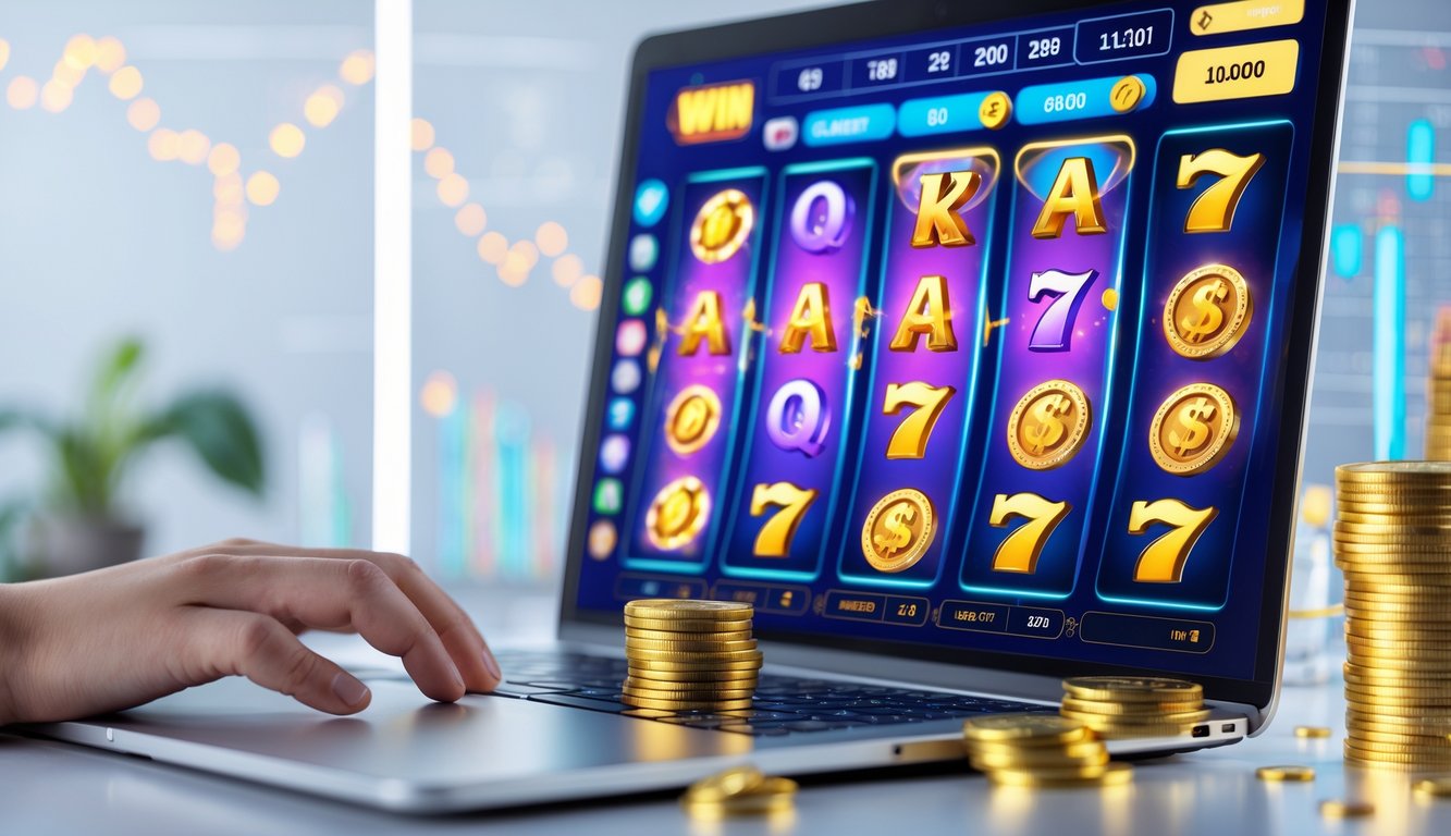 Seseorang sedang bermain permainan slot online di komputer dengan tampilan layar penuh warna dan simbol keberuntungan, dikelilingi oleh tumpukan koin dan efek cahaya yang menunjukkan kemenangan.