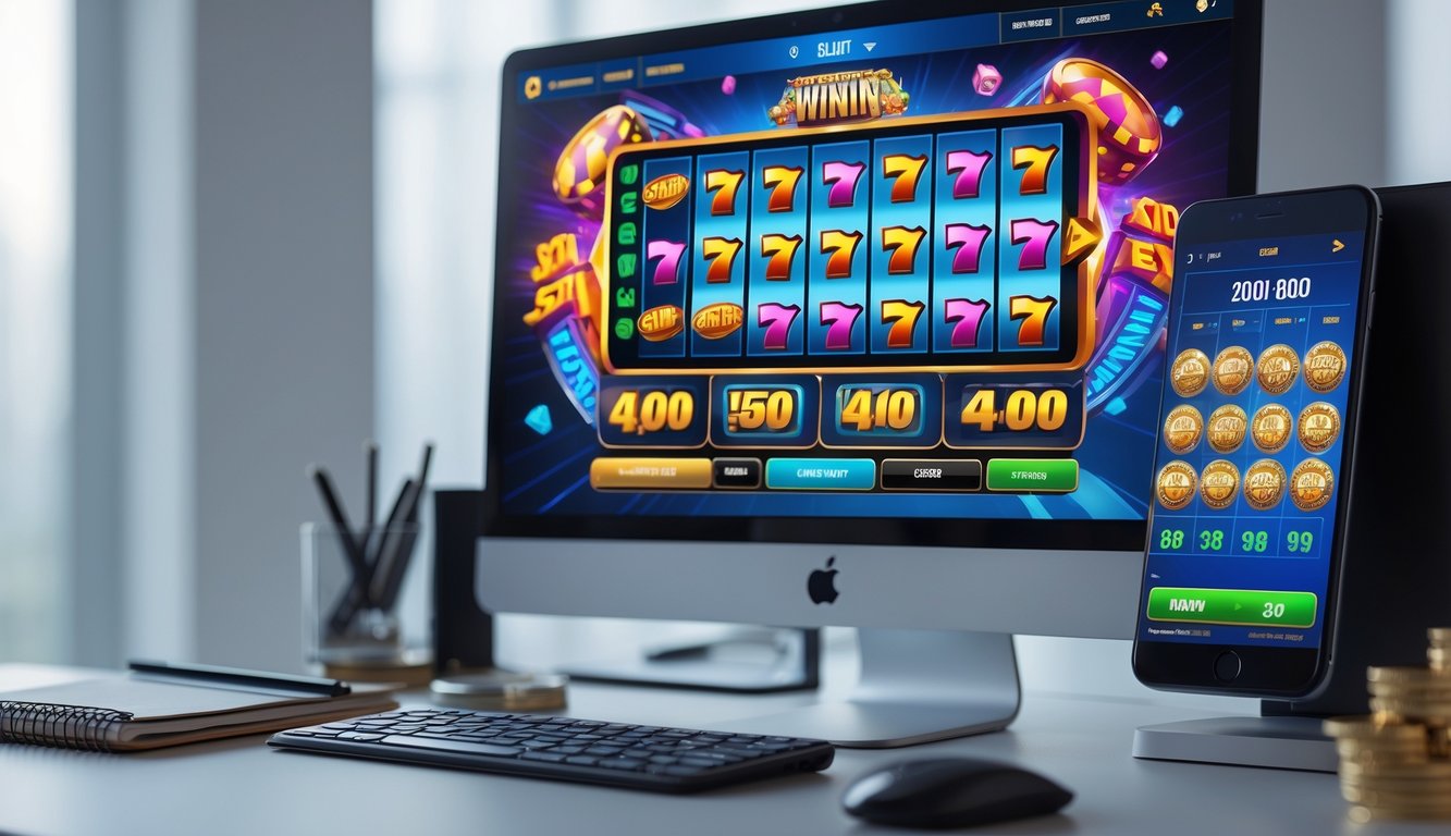 Meja kerja dengan komputer menampilkan permainan slot online yang berwarna-warni, dilengkapi dengan catatan dan ponsel di sekitarnya.