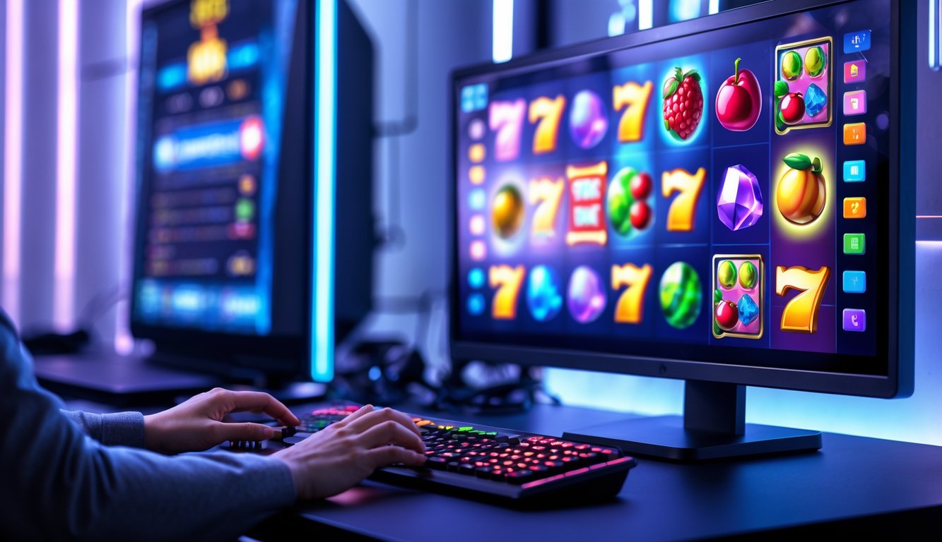 Meja komputer dengan monitor menampilkan permainan slot online berwarna-warni dan tangan seseorang sedang bermain.