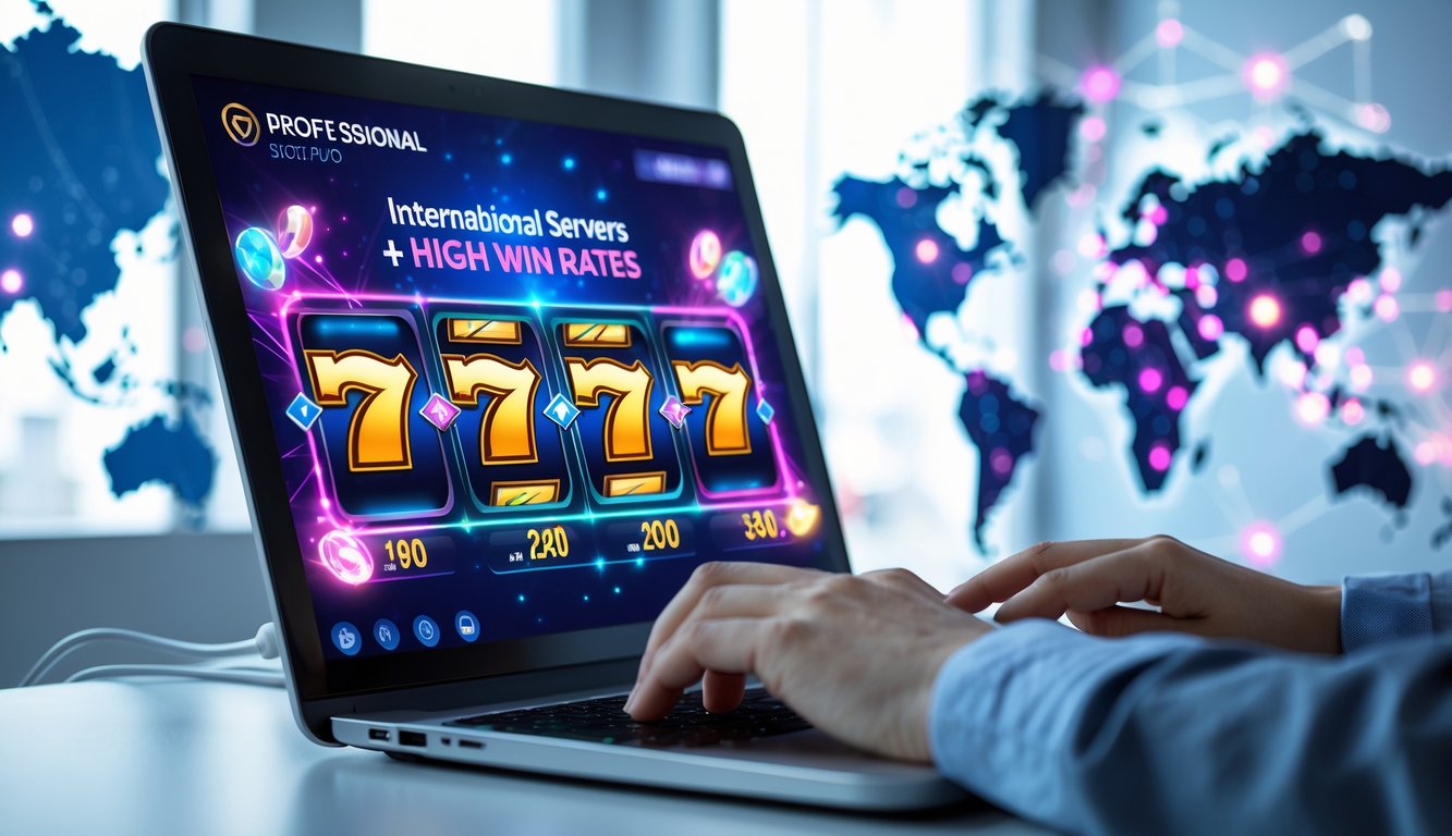 Seseorang sedang bermain permainan slot online di komputer dengan latar belakang peta dunia yang menunjukkan koneksi global.