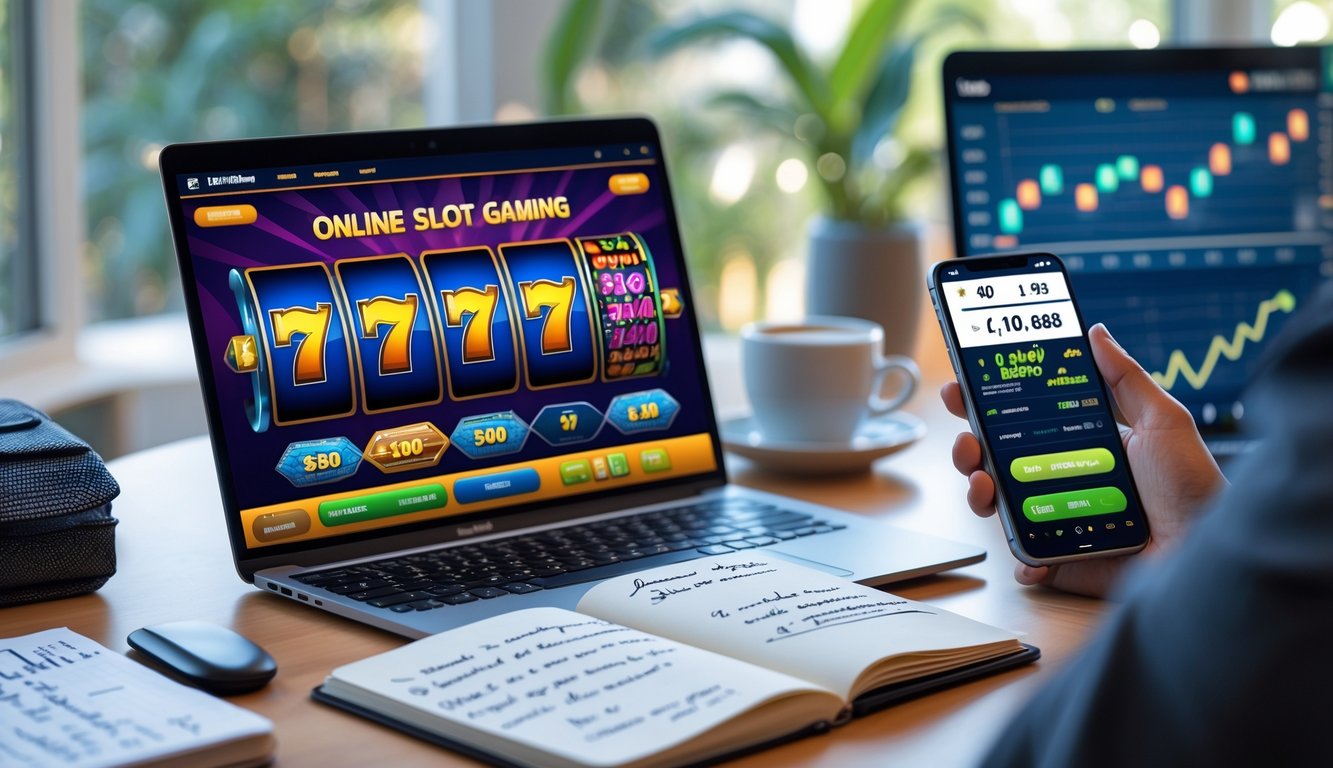 Seorang pria duduk di meja kerja dengan laptop yang menampilkan permainan slot online, buku catatan strategi, dan ponsel dengan aplikasi keuangan.