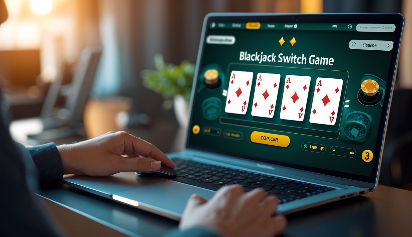 Seseorang bermain permainan blackjack switch online di depan komputer di lingkungan rumah atau kantor yang nyaman.