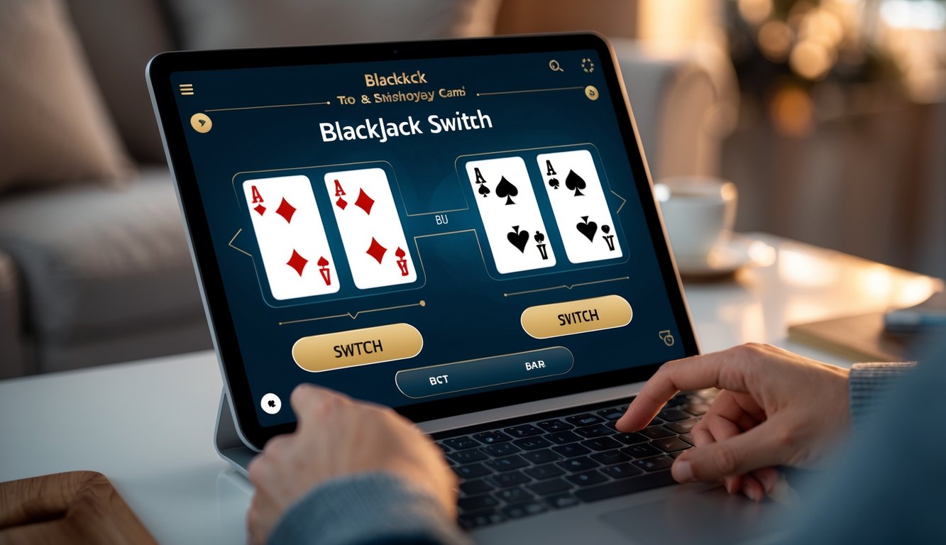 Seseorang sedang menggunakan laptop untuk bermain blackjack online dengan dua tangan kartu yang terlihat jelas di layar.