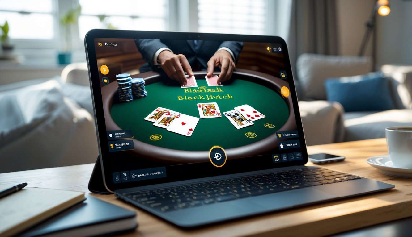 Seseorang sedang bermain blackjack switch online di layar komputer dengan suasana ruang kerja yang nyaman.