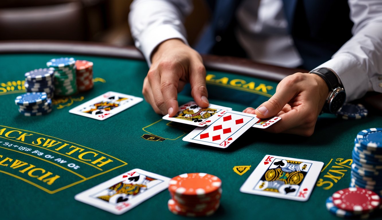 Tangan pemain sedang menukar kartu di meja Blackjack Switch dengan tumpukan chip taruhan di sampingnya.