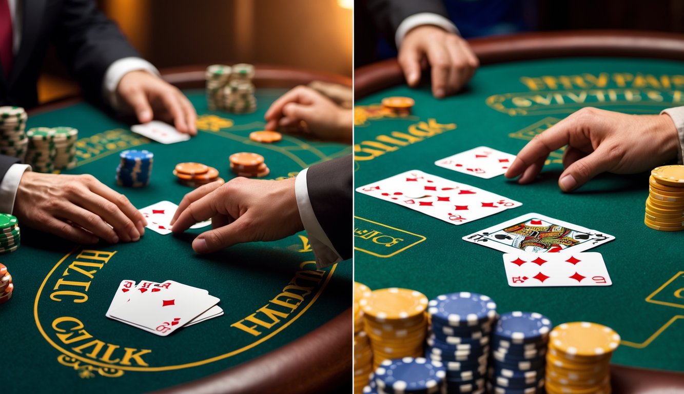 Meja kasino dengan dua permainan blackjack yang berbeda, satu klasik dan satu blackjack switch, dengan kartu dan chip tertata rapi.