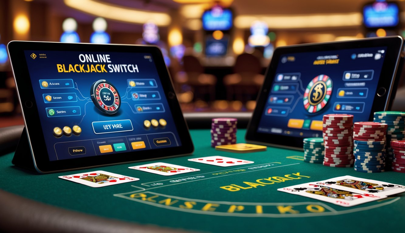 Meja Blackjack dengan kartu dan chip di satu sisi, dan layar digital menampilkan permainan Blackjack Switch online di sisi lain.