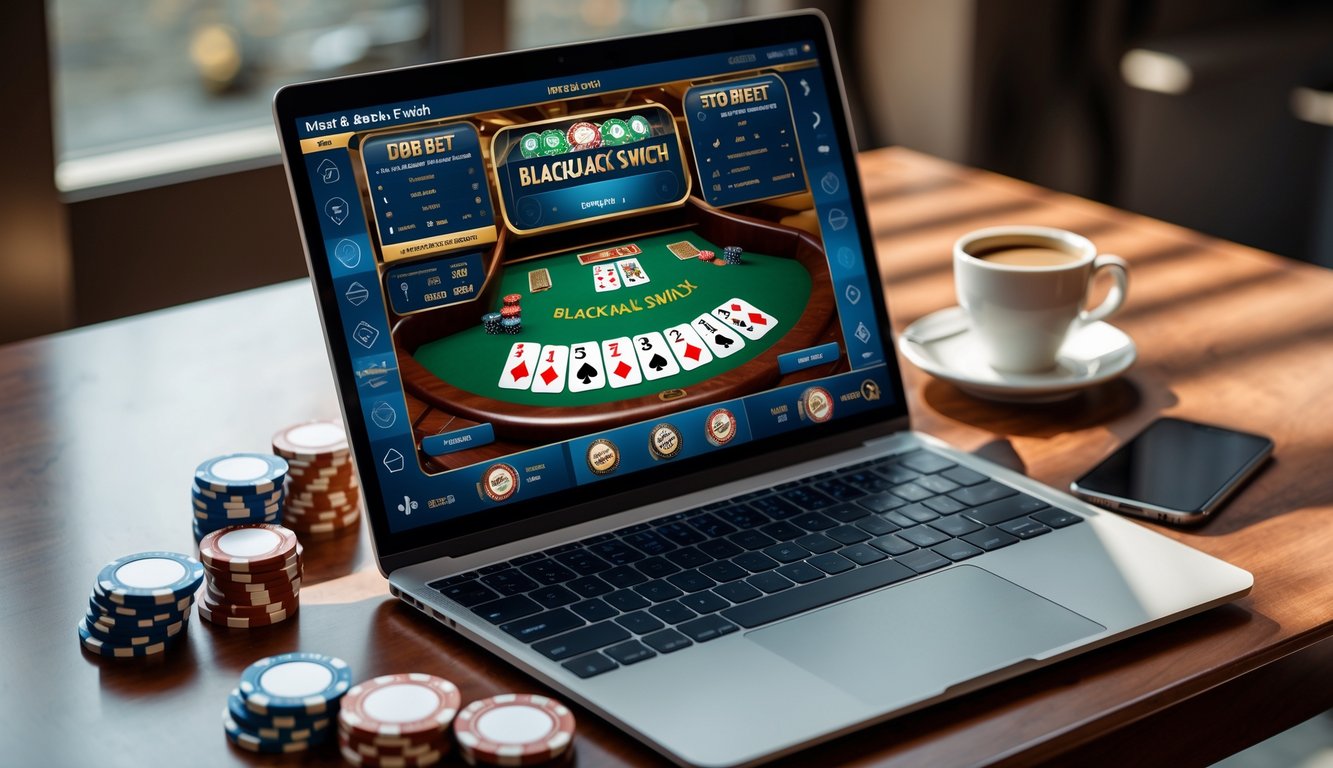 Sebuah laptop dengan permainan blackjack switch online di layar, dikelilingi oleh chip kasino dan ponsel di atas meja kayu.