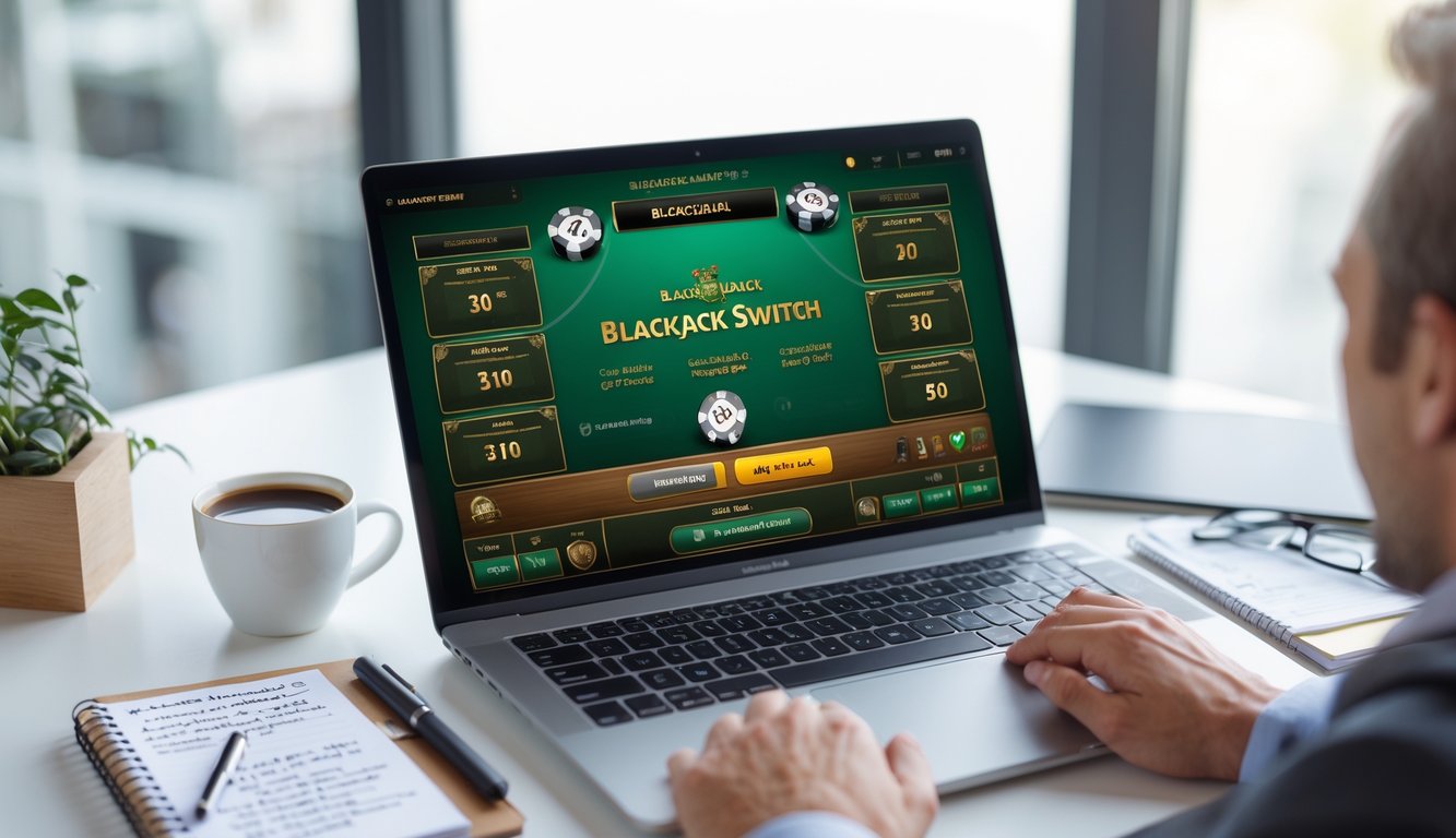 Seorang pemain sedang menggunakan komputer dengan permainan Blackjack Switch online di layar, dikelilingi oleh buku catatan dan alat tulis di meja kerja yang rapi.