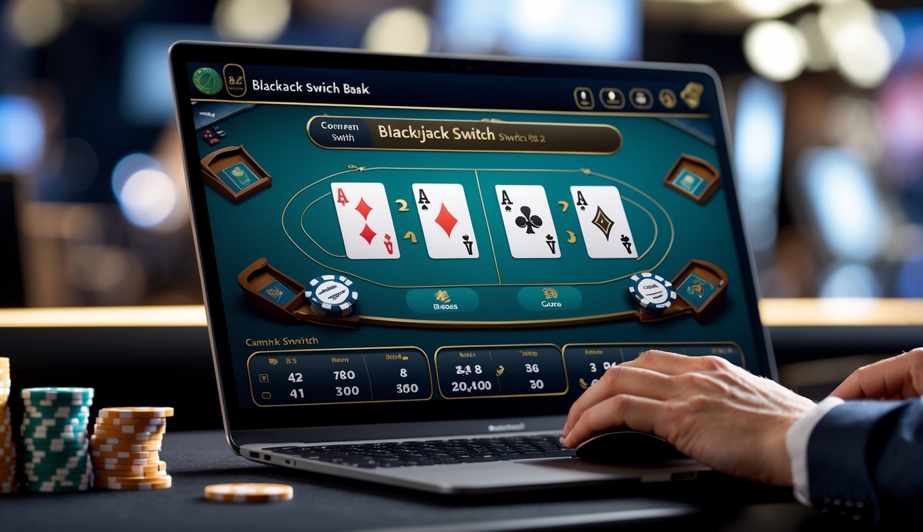 Seorang pemain sedang fokus bermain Blackjack Switch online di depan layar komputer dengan kartu dan chip di meja.