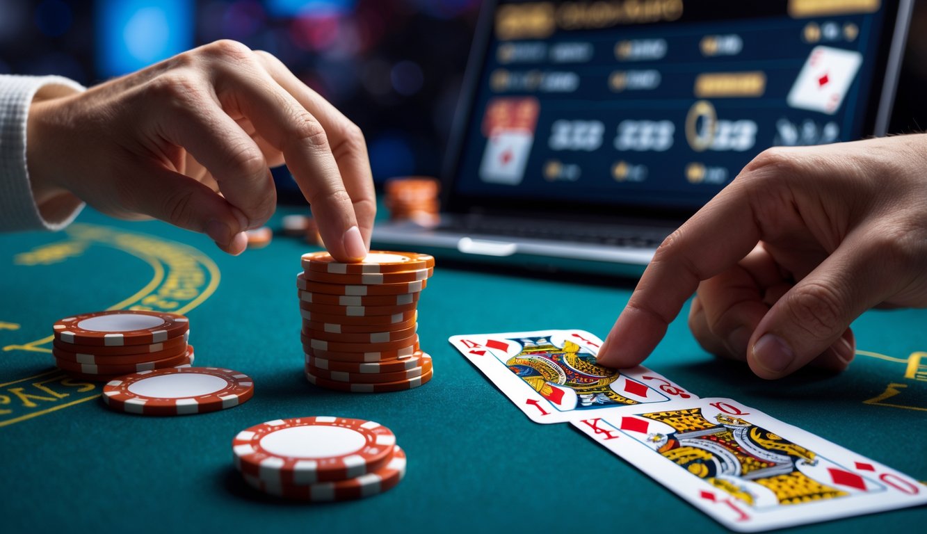 Dua tangan sedang bermain blackjack dengan kartu dan chip di meja kasino, layar laptop menampilkan permainan blackjack online di latar belakang.
