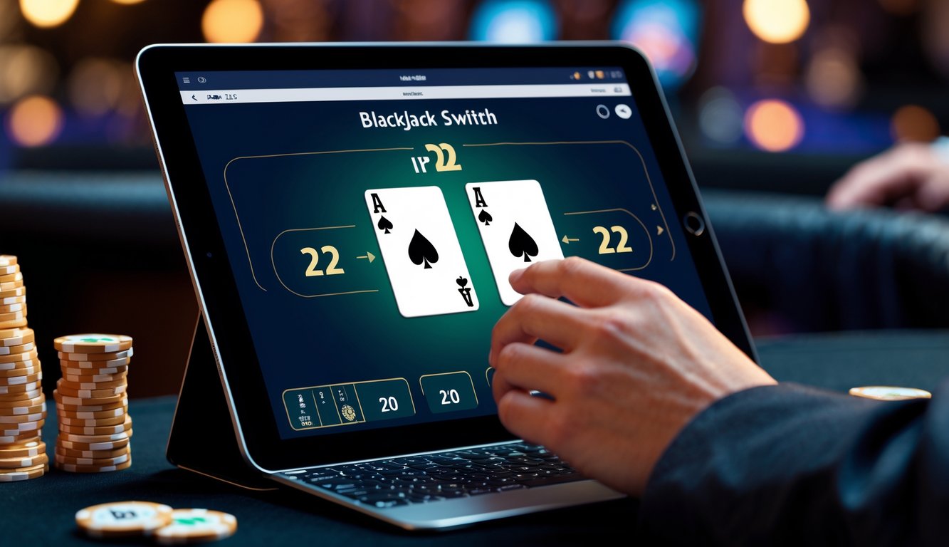 Seorang pemain menggunakan laptop untuk bermain Blackjack Switch online dengan dua tangan kartu terlihat jelas dan tumpukan chip di sampingnya.