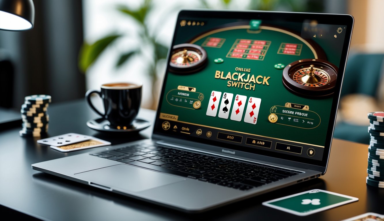 Sebuah meja kerja dengan komputer yang menampilkan permainan Blackjack Switch online dan beberapa chip poker serta kartu di sekitarnya.