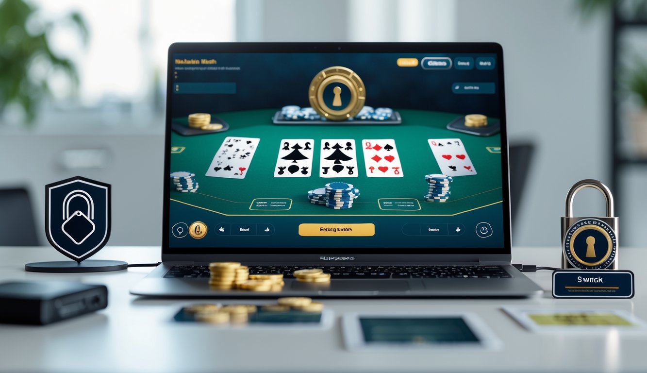 Sebuah meja dengan komputer yang menampilkan permainan Blackjack Switch online, dengan simbol keamanan seperti gembok dan sertifikat di sekitarnya.