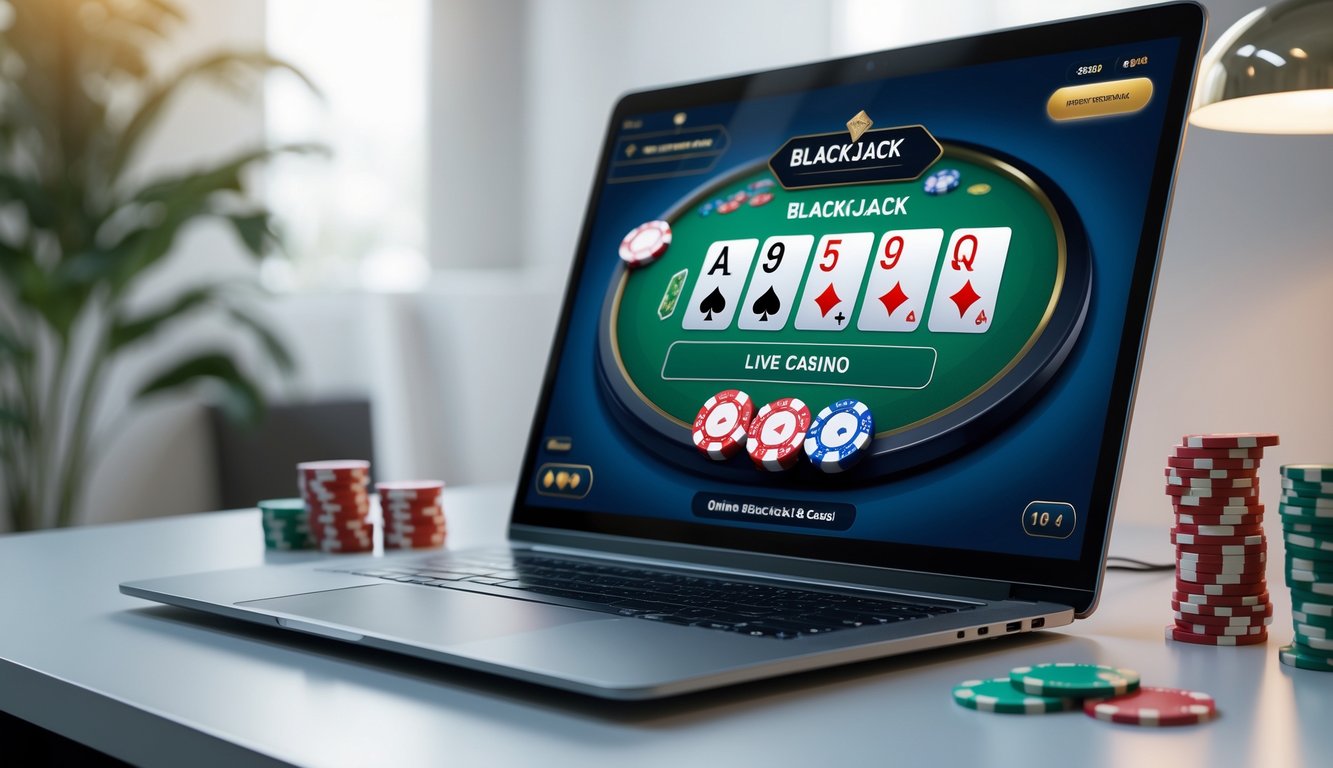 Seorang laptop menampilkan permainan blackjack online dengan kartu dan chip di meja yang rapi, dikelilingi oleh dekorasi bertema kasino.