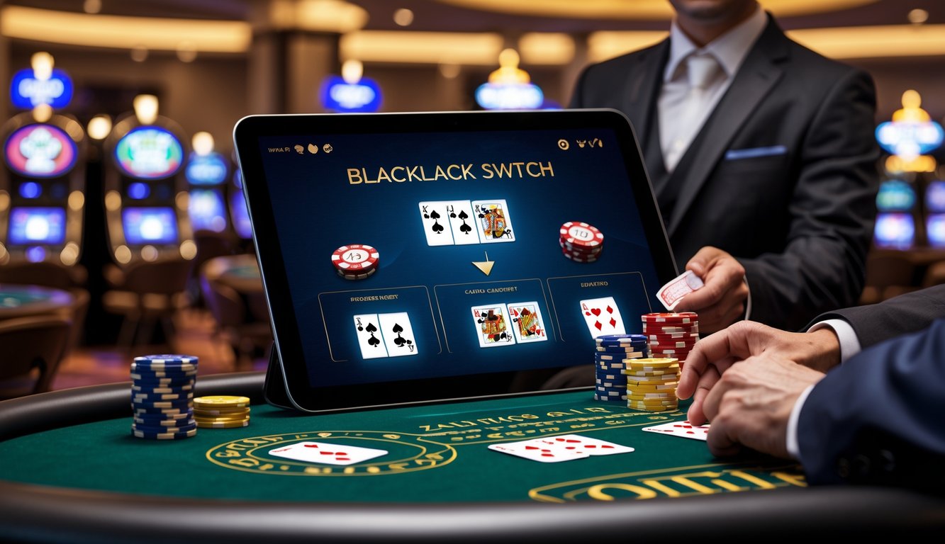 Meja kasino dengan permainan Blackjack Switch yang menampilkan layar perangkat digital dan dealer langsung membagikan kartu.