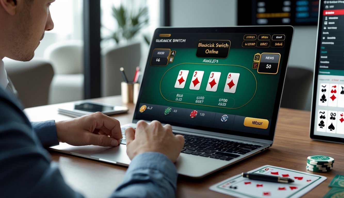 Seseorang sedang fokus bermain blackjack online di laptop dengan catatan strategi di sampingnya di sebuah ruangan modern.