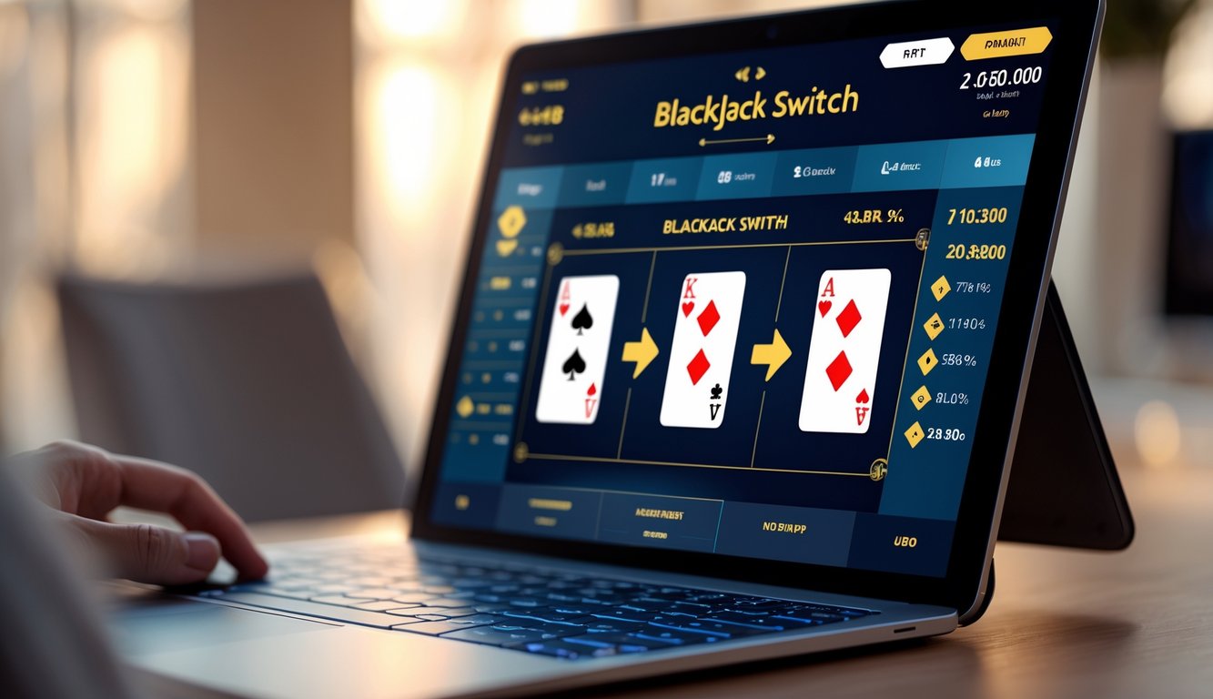 Seorang pemain sedang bermain blackjack online dengan dua tangan kartu yang ditampilkan di layar perangkat digital.