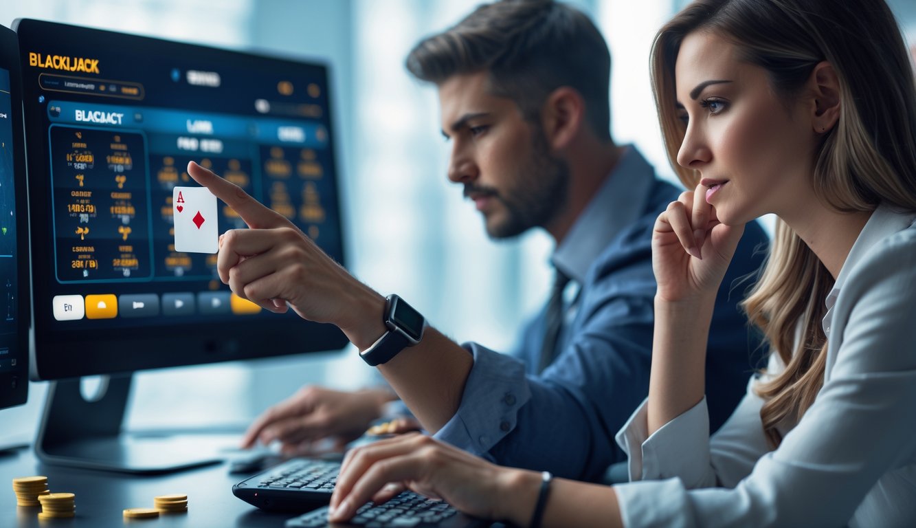 Dua orang dewasa bermain Blackjack Switch online di depan komputer dengan ekspresi fokus dan serius.